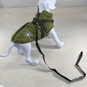 Olive Green Puffer Dog Harness Coat with Leash 3xl